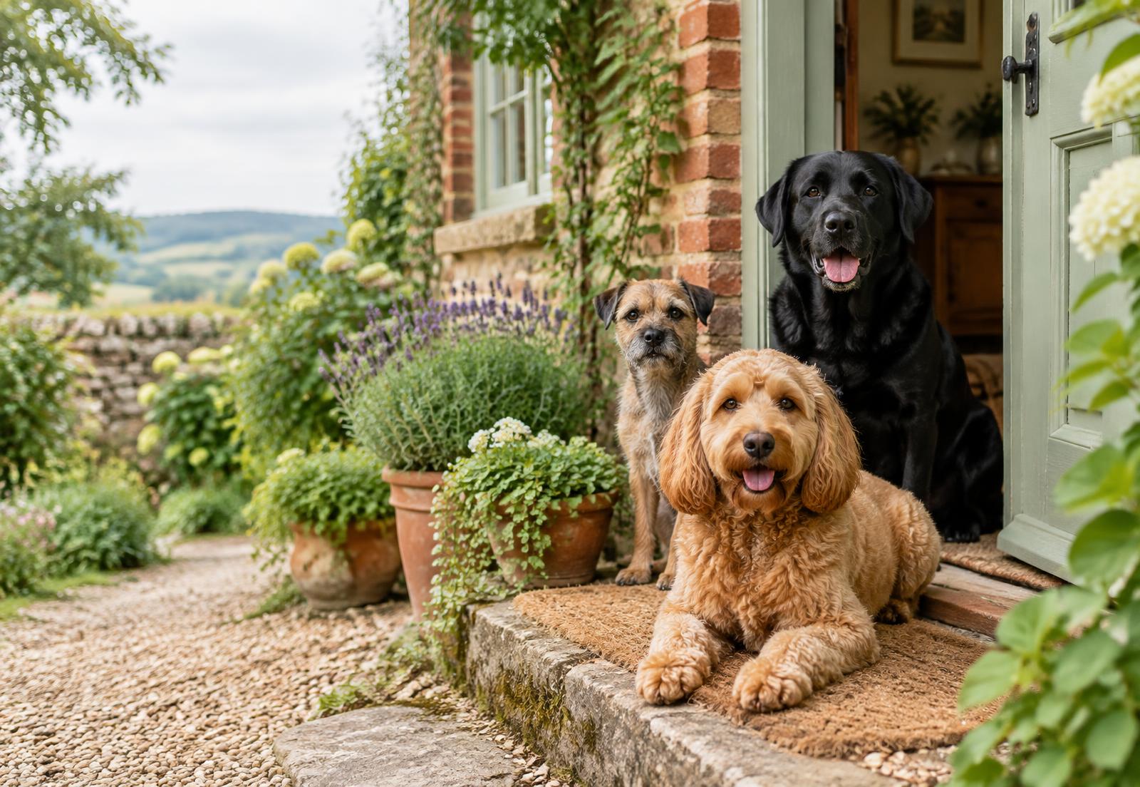 Three happy dogs at the doorway of a country home